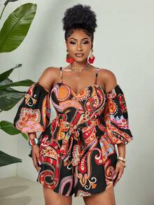 Maweii Mono elegante de talla grande con estampado digital, hombros descubiertos y espalda descubierta - Negro - Ver 3