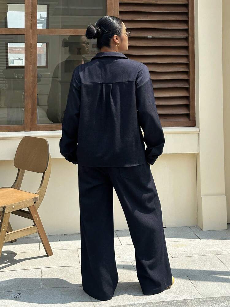 Dazy Plus Plus Size Women's Two Pieces Set,Spring & Summer Navy Blue V-Neck Pullover Shirt & Straight Leg Pants Suit,Autumn Smart Casual Everyday Lounge Sets