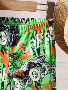 Young Boys Monster Truck Print Swimsuit Set,Cartoon Car Quick-Drying Swimwear,Raglan Sleeve Top & All-Over Print Shorts,Children's Summer Beach Outfit - Multicolor - View 4