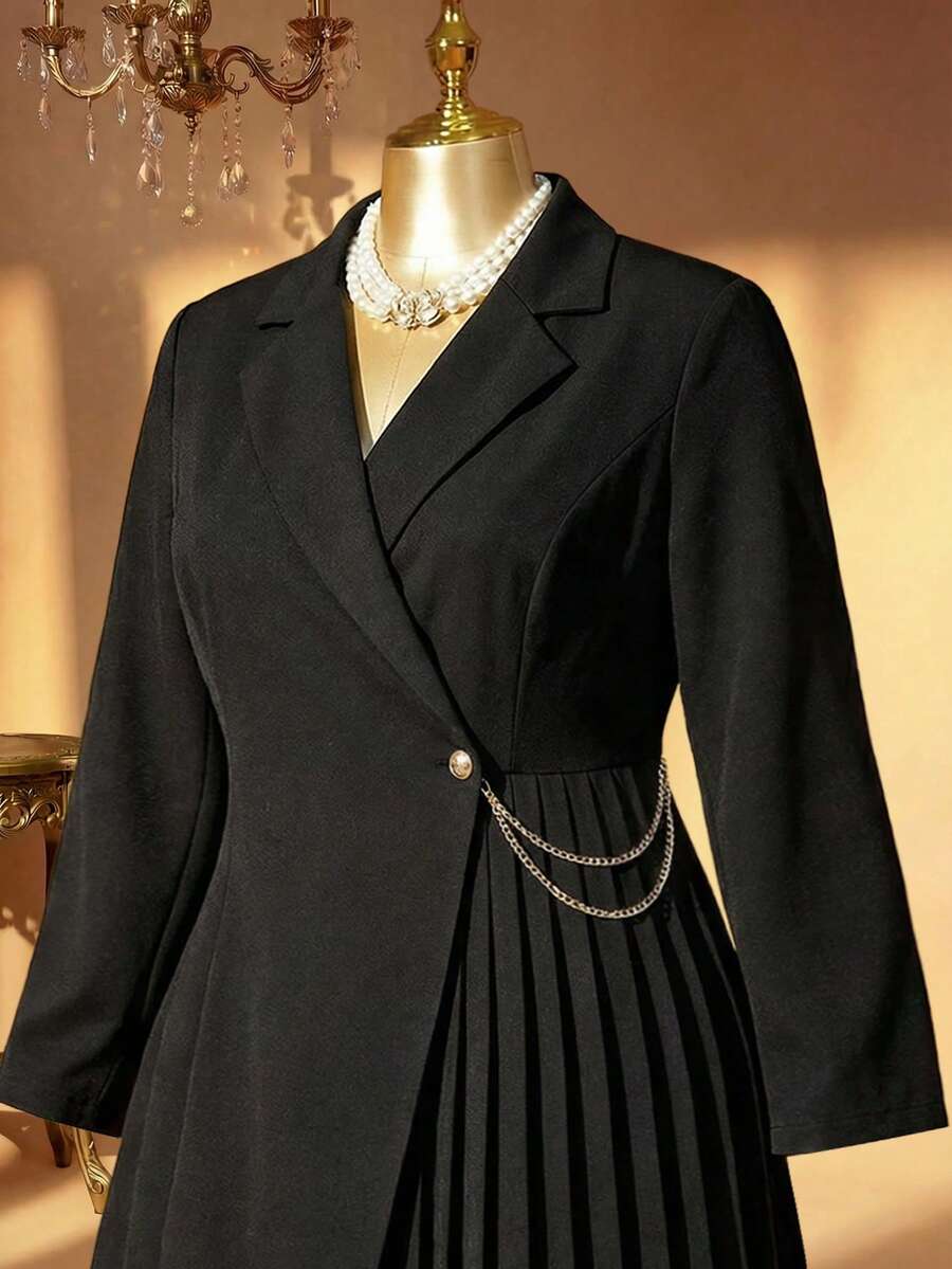 Rometta 大码女式纯色 Polo 领长袖褶边优雅连衣裙,秋季 - 黑色 - 查看 1