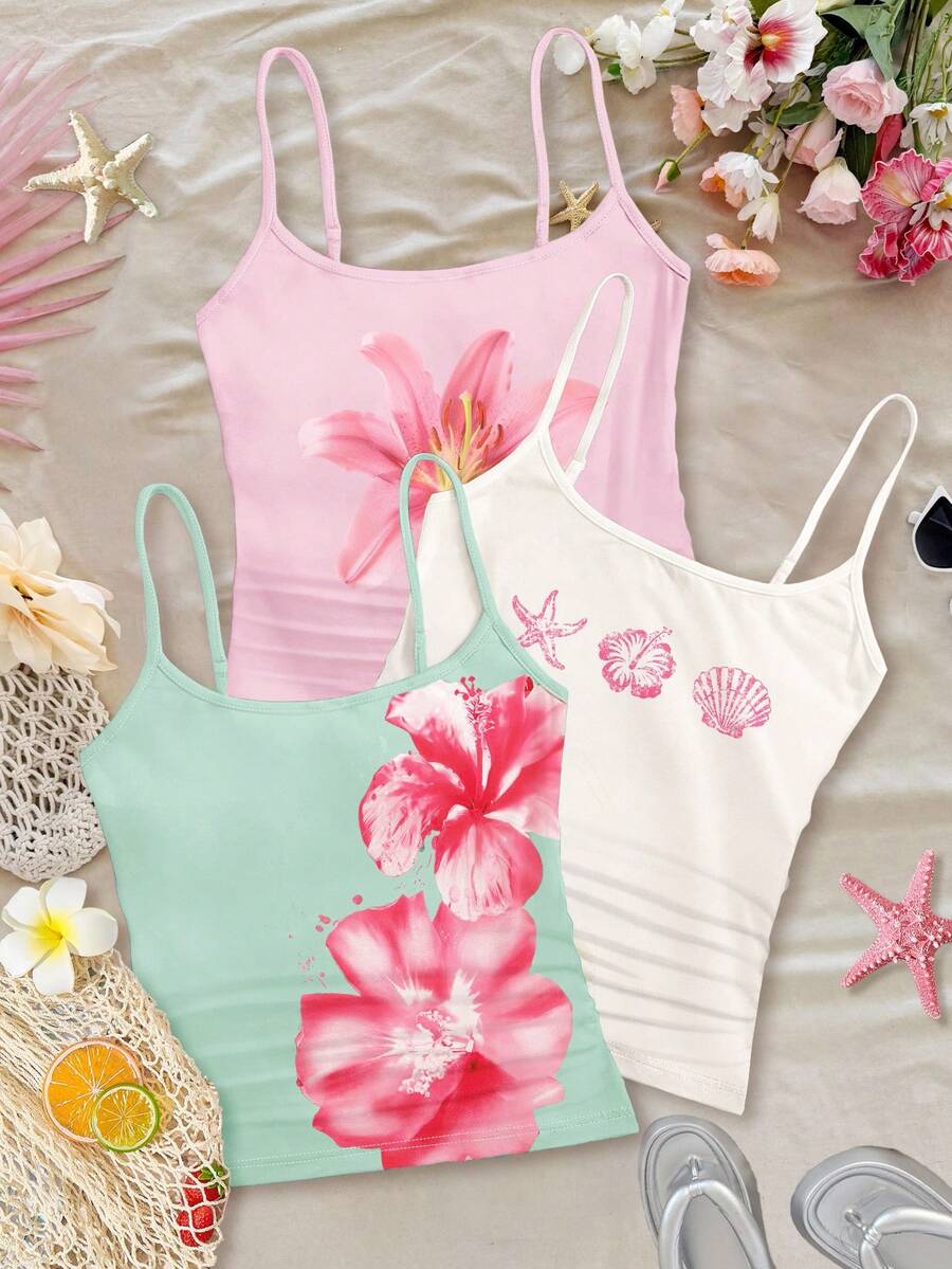 Tween Girl 3-Piece Set Cute Blush Pink Summer Vacation Holiday Tropical Floral Hibiscus Shell Print Fitted Casual Sports Racerback Crop Tank Tops - Multicolor - View 1