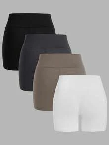 SHEIN EZwear 4件組休閒極簡運動套裝，短版高腰緊身內搭褲適合夏季，大尺碼女款瑜珈褲休閒短褲 - 彩色 - 查看 2