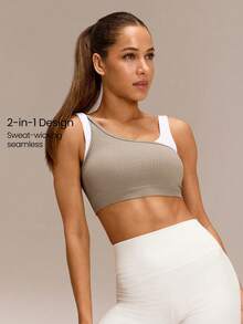 GLOWMODE Ultrafine Soft Seamless Chase Your Glow Mock 2-Piece Style Removable Cups Sports Bra Medium Impact Training Running Gym Workout Daily Active Wear - Khaki - View 10