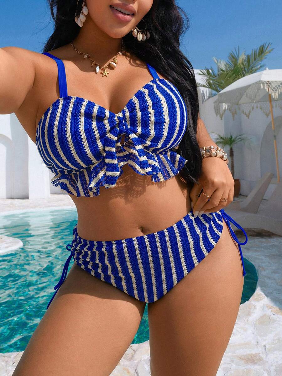 Swim Lushoire Áo bikini quây xếp ly bằng vải dệt kim sọc xanh dành cho nữ cỡ lớn - Màu xanh lam - Xem 1