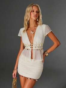 SHEIN X Scot Louie TRNVIE Áo cánh nữ tay ngắn họa tiết vỏ sò cổ chữ V sâu ôm vừa vặn đi biển viền xếp nếp thoải mái màu mơ - trắng - Xem 4