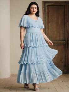 Anewsta Vestido plisado de línea A con cuello en V elegante, cintura ceñida y mangas de murciélago para mujeres de talla grande - Azul - Ver 3