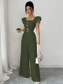 Elenzga 全新女式方领荷叶边假门襟腰带装饰纽扣连体裤，优雅日常通勤修身高腰连体裤 - 綠色 - 查看 6