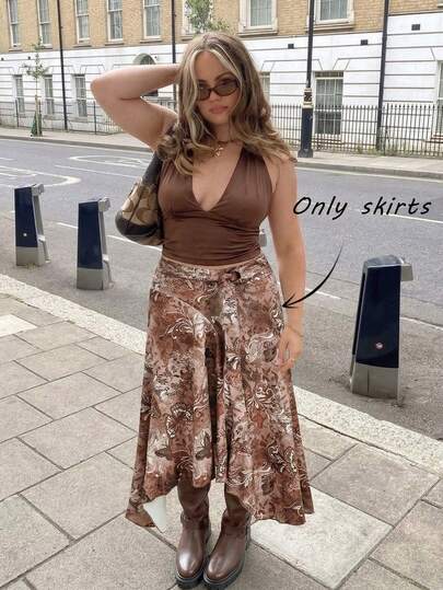 SHEIN MOD Plus Size High Waist Ruffle Asymmetrical Hem Skirt Brown Midi Skirt Tie Skirt Wrap Skirt Asymmetrical Skirt Brown Tie Skirt,Brown Lightweight Polyester Wide Leg Pants Vintage Floral Print High Waist Flowy Hem Relaxed Fit Boho Style Spring Summer Holiday Travel Vacation Casual Outing Music Festival Outdoor Street Wear