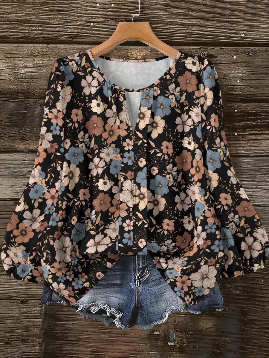 EMERY ROSE Áo nữ cỡ lớn tay dài cổ tròn in họa tiết hoa lá, kiểu dáng thường ngày, thích hợp mặc mùa thu, dự lễ hội nhạc đồng quê, áo nữ mùa xuân/thu, trang phục ngoài trời, hàng mới về năm 2026. - Nhiều màu - Xem 1