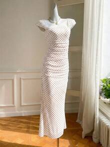Vestido elegante de mujer con lunares y malla con bajo de cola de pez, para primavera/verano - Blanco - Ver 4