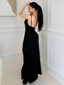 Milla Jasmine 新款性感黑色不对称肩部褶皱镂空高开叉连衣裙，适合夏季度假、约会、聚会 - 黑色 - 查看 7