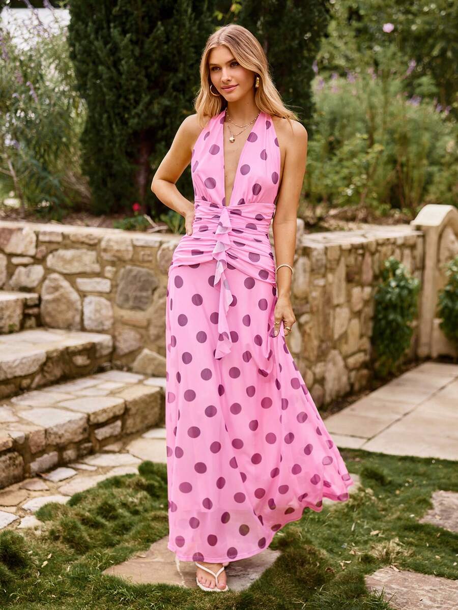 KARISMINA Abito a costine e rete a pois con schiena scoperta, adatto per vacanze primaverili ed estive. Abiti a pois per donne, abbigliamento da resort, abiti da donna per vacanze, abiti da picnic, abiti estivi lunghi per donna. - Rosa - Visualizzare 1