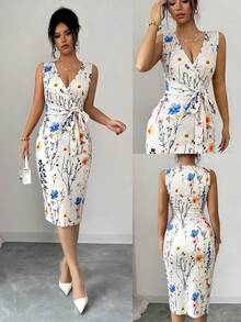 Elenzga 优雅印花裹身荷叶边蝴蝶结腰部中长连衣裙，休闲度假日常穿着，时尚杏色连衣裙 - 杏色 - 查看 5