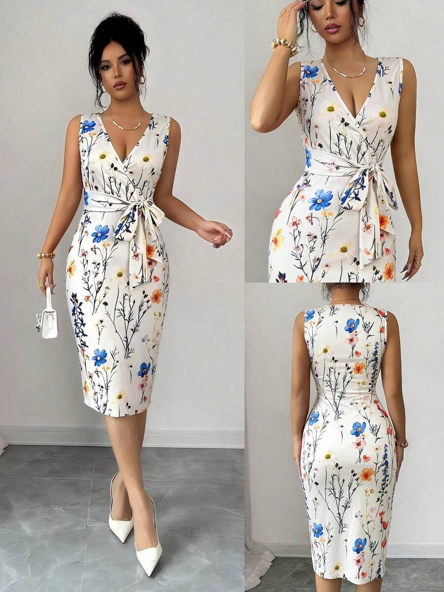 Elenzga 优雅印花裹身荷叶边蝴蝶结腰部中长连衣裙，休闲度假日常穿着，时尚杏色连衣裙 - 杏色 - 查看 1