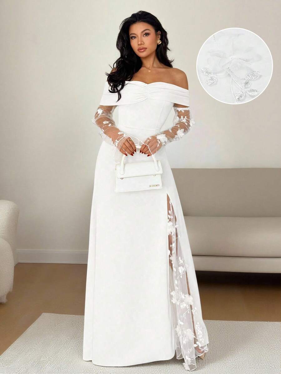 Rafferiza 女士时尚优雅露肩网纱拼接长袖垂褶连衣裙,适合派对和约会 - 白色 - 查看 1