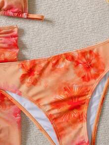 SHEIN Tween Girl Casual Vacation Beach Tropical Floral Print 3-Piece Bikini Set, Sweet & Vibrant Orange - Orange - View 7
