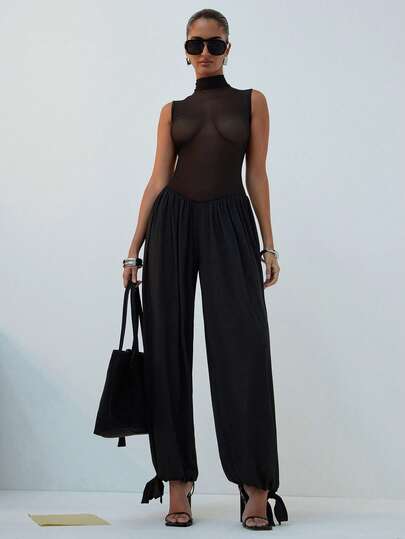 Hauture Women's Sexy Mock Neck Sheer Top Knit Jersey Bottom Sleeveless Jumpsuit, Mesh Detailed Fitted Top Jumpsuit With Tie, Perfect For Summer/Spring, Lightweight Flowy Balloon Pant Fit Jumpsuit For Women, Comfortable Outfit For Women, Minimalist Chic Styling Piece, Corporate Office Chic, Versatile Styling, Holiday Party Outfit