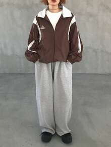 FRIFUL Women's Casual Fashion Street Sporty Contrast Piping Zip-Up Jacket, Suitable For Spring And Autumn - Brown - View 2