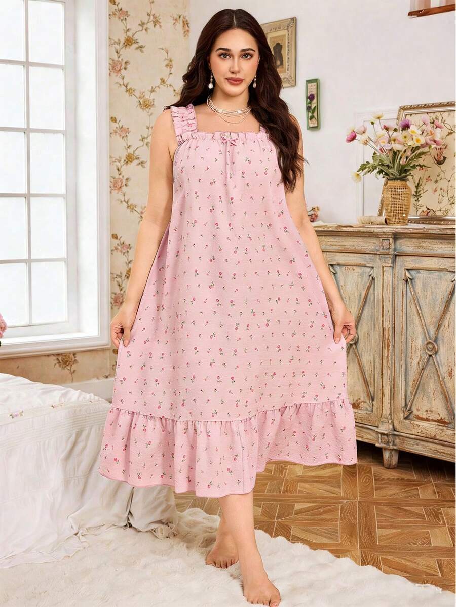 CottageSlumber Plus Size Romantic Ditsy Floral Ruffle Hem Wide Strap Maxi Nightgown - Pink - View 1