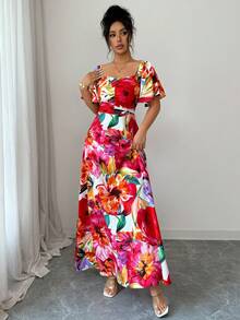 SHEIN Raffinéa 女士碎花图案甜心领荷叶袖优雅连衣裙 - 紅色 - 查看 6