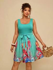 Travachic Women's Plus Size Elegant & Casual Sleeveless Dress With Solid Color And Tropical Coconut Tree Print, Suitable For Vacation, Summer, Tropical Healing - Green - View 6