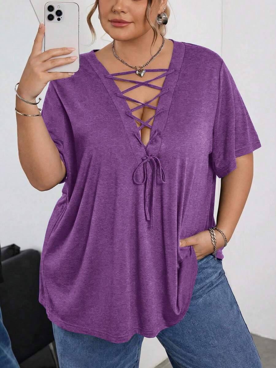 SHEIN CURVE+ 大码女式纯色系带褶皱休闲百搭日常T恤 - 紫色 - 查看 1