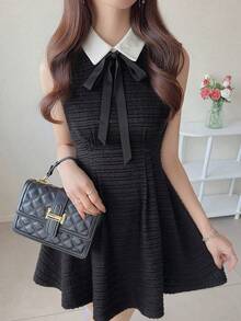 FRIFUL Women's Summer Contrast Color Lapel Waist A-Line Short Dress Sun Dresses For Women - Black - View 2