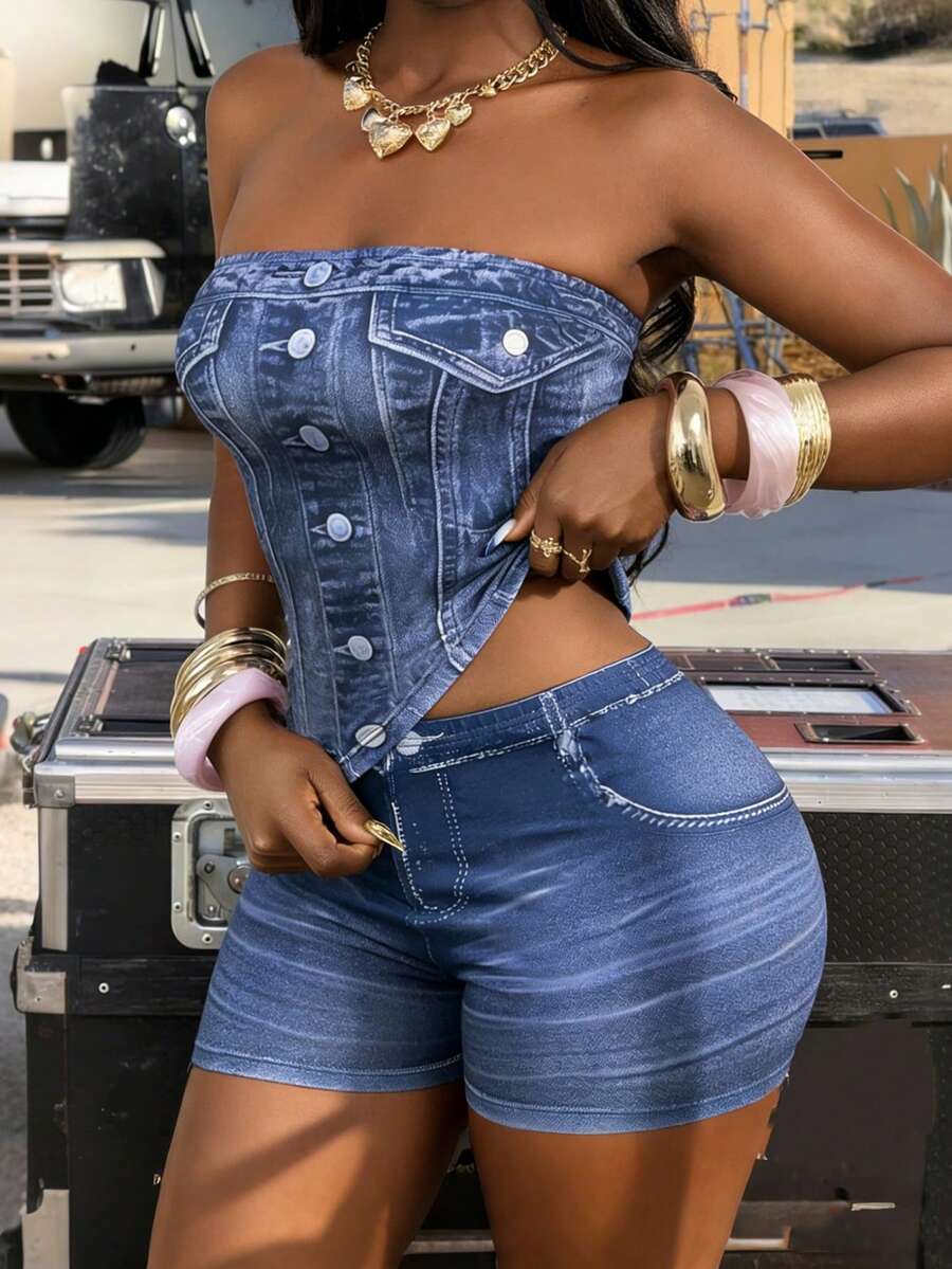 Lureya Bộ đồ thời trang nữ denim in họa tiết, ôm eo, thanh lịch, thích hợp cho kỳ nghỉ, tiệc tùng, mùa xuân/hè. - Nhiều màu - Xem 1