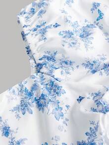 SHEIN Girlism 少女蓝色碎花不规则腰线开衩中长连衣裙，适合返校、约会、派对、婚礼、伴娘、舞会等场合，优雅拼接设计，适合派对、婚礼、花园活动、通勤、购物、生日、舞会和伴娘等场合。 - 白色 - 查看 5