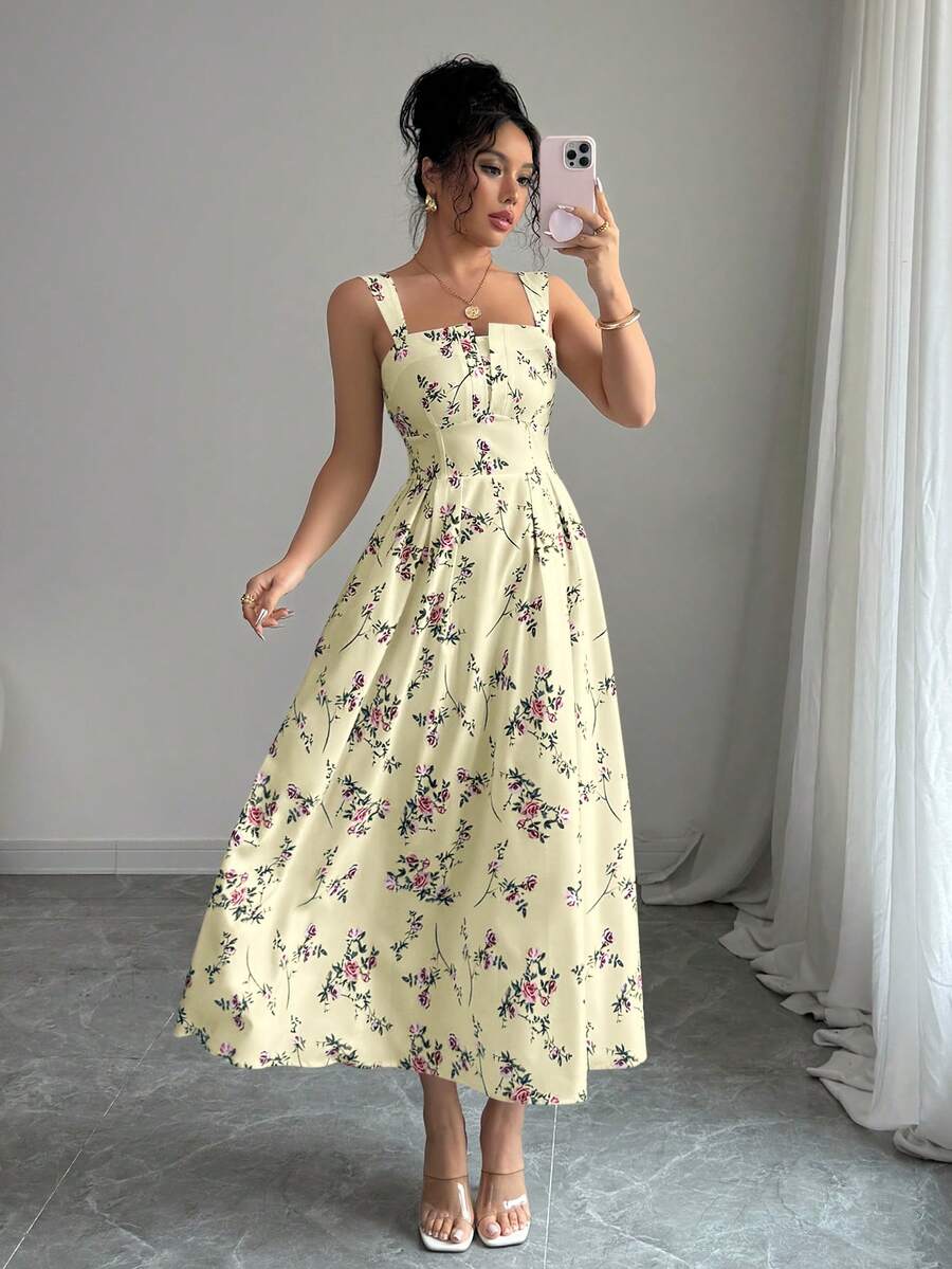 Elenzga Latest Spring/Summer Floral Print Elegant Waist Gathering Pleated Long Dress For Women - Yellow - View 1