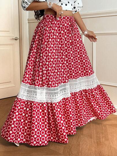 Vionelle Vintage Red Summer New Design Lace Patchwork A-Line Printed Skirt