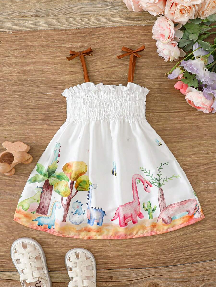 SHEIN Baby Girl Cartoon Printed Shirred Panel Summer Dress - White - View 1