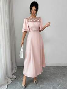 Modelyn Women's Elegant Floral Embroidered Mesh Patchwork Dress, Spring/Summer - Pink - View 5