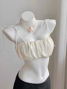 Comfortcana Women's Summer Fashion Solid Color Pleated Shoulder Tie Camisole - Pale Yellow - View 3