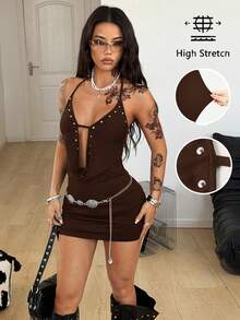 Coolane Đầm mini cổ đổ màu đen kiểu punk đính đinh tán, phong cách đường phố mùa xuân dành cho nữ, thích hợp dự tiệc, rave. - màu nâu - Xem 3
