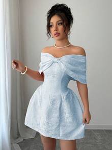 Rafferiza 女士露肩蝴蝶结领提花面料迷你连衣裙，春夏款 - 藍色 - 查看 1