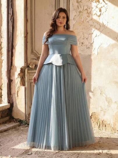 Aureia Plus Size Elegant Romantic Off-Shoulder Ruffle Hem Dress, Suitable For Weddings, Events, Dates, Balls, And Bridesmaid Occasions