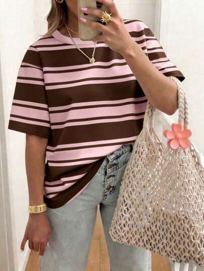 SHEIN CURVE+ Women's Striped Short-Sleeved T-Shirt, Casual Outdoor Wear, Loungewear