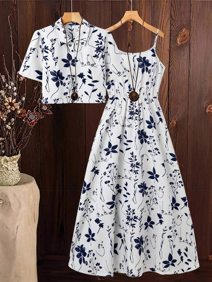 SHEIN Clasi 女士无袖印花连衣裙和衬衫两件套 - 藍白色 - 查看 1