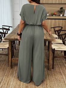 SHEIN PETITE CURVE Plus Size Women's Casual Solid Color Batwing Sleeve Jumpsuit, Suitable For Daily Wear And Vacation - Army Green - View 2