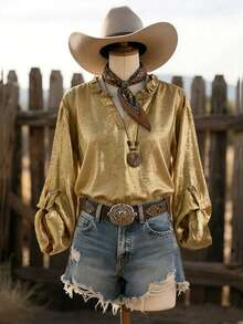 EMERY ROSE 2026 Blusa de mujer talla grande de primavera, de moda casual y versátil, con cuello dorado brillante y volantes, mangas largas con puños y escote en V pequeño, adecuada para la primavera - Dorado - Ver 4