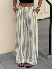 Muchica Striped Print Drawstring Waist Casual Wide Leg Woven Women Pants,Summer Outfits For Women,Beach Outfits - Multicolor - View 4