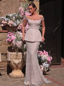 Glamrae 优雅浪漫白色蕾丝无肩带修身鱼尾婚纱 - 白色 - 查看 6