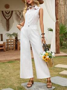 EMERY ROSE Women's Casual Floral Embroidered Sleeveless Denim Jumpsuit, Summer - White - View 6