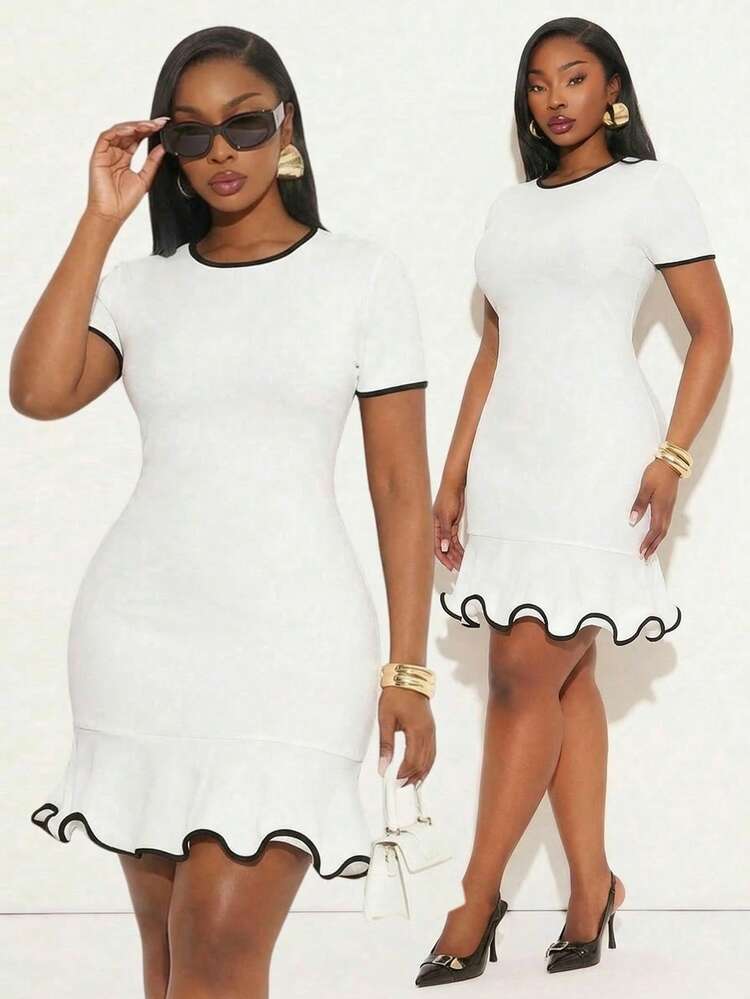 SHEIN SXY Plus Size Contrast Collar & Cuff Minimalist Daily Wear
