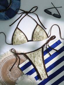 Swim SXY 2 pièces Ensemble de bikini avec Top à encolure ras-du-cou en dentelle et sequins, avec string. Décoré de perles dégradées. Look sexy et avant-gardiste pour la plage et les fêtes pour femmes - Jaune clair - Voir 7