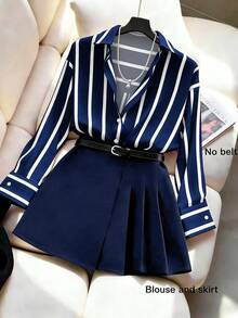 GlowEve CURVE Plus Size Women's Blue & White Striped Preppy Style 2 Pieces Set - Navy Blue - View 1
