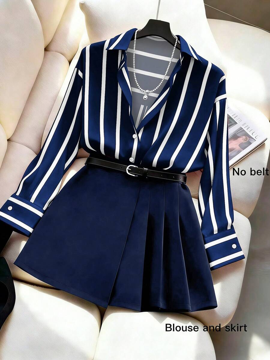 GlowEve CURVE Plus Size Women's Blue & White Striped Preppy Style 2 Pieces Set - Navy Blue - View 1