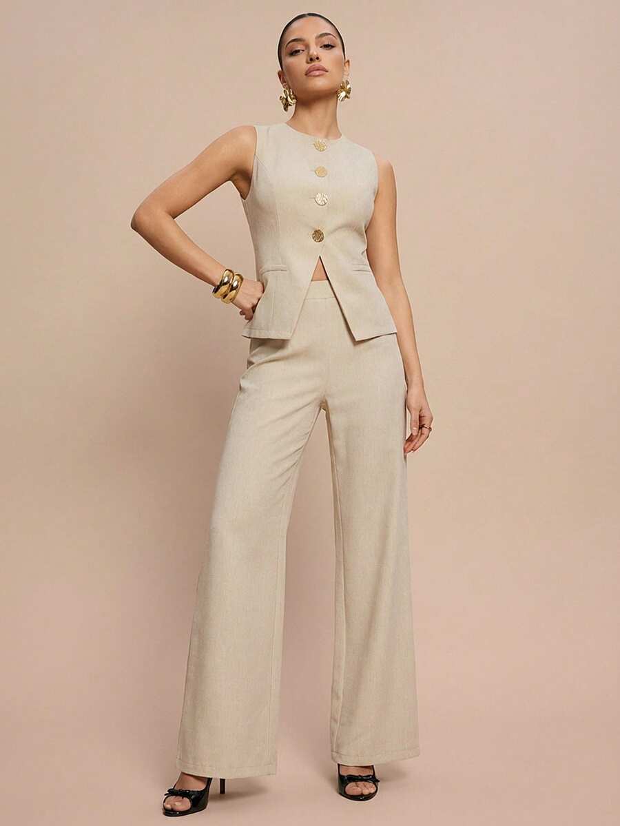 Olia Maree Olia Maree Bộ đồ công sở/thường ngày thanh lịch dành cho nữ, trang trí họa tiết hoa và cúc áo. - Màu be - Xem 1