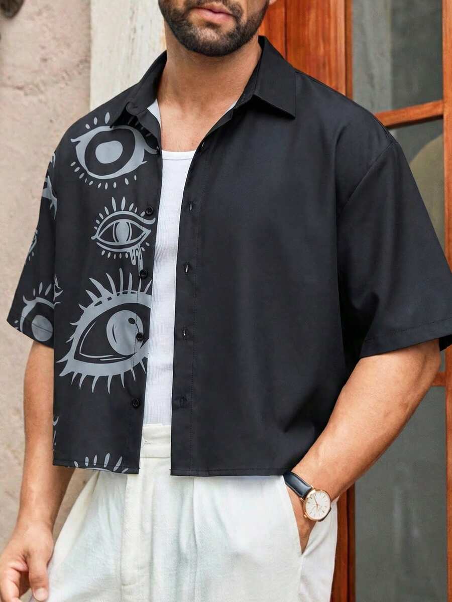 HIMLAND Áo sơ mi nam tay ngắn cài cúc phía trước, kiểu dáng thường ngày, họa tiết hình mắt, thích hợp cho mùa hè. - Nhiều màu - Xem 1